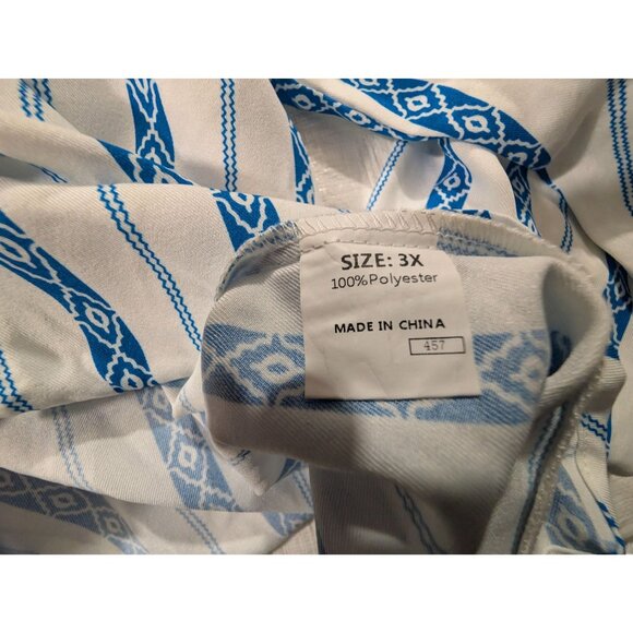 Striped Button-Up Shirt 3X Blue & White Geometric Print Long Sleeve Polyester - Picture 3 of 9
